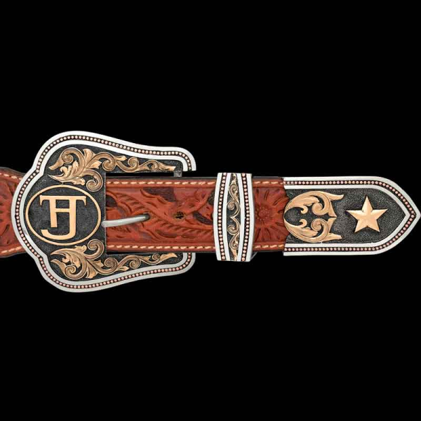 The Gonzales Three Piece Buckle set is fit for any serious cowgirl or cowboy outfit. Features gorgeous bronze scrollwork and a beautiful golden Texas Star. Personalize with your ranch brand, figure or initials.